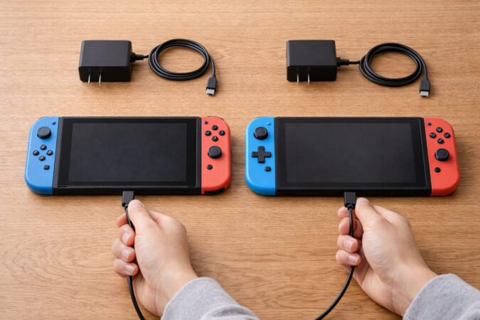 2種類の携帯ゲーム機風デバイスを並べて充電まわりを比較するイメージ