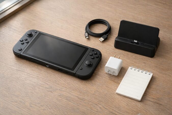 Switch2のバッテリー基本をイメージできる本体とUSB-C充電アクセサリーの俯瞰写真