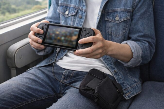 外出先でSwitch2のバッテリー切れを防ぐためモバイルバッテリーで給電しながら遊ぶ様子