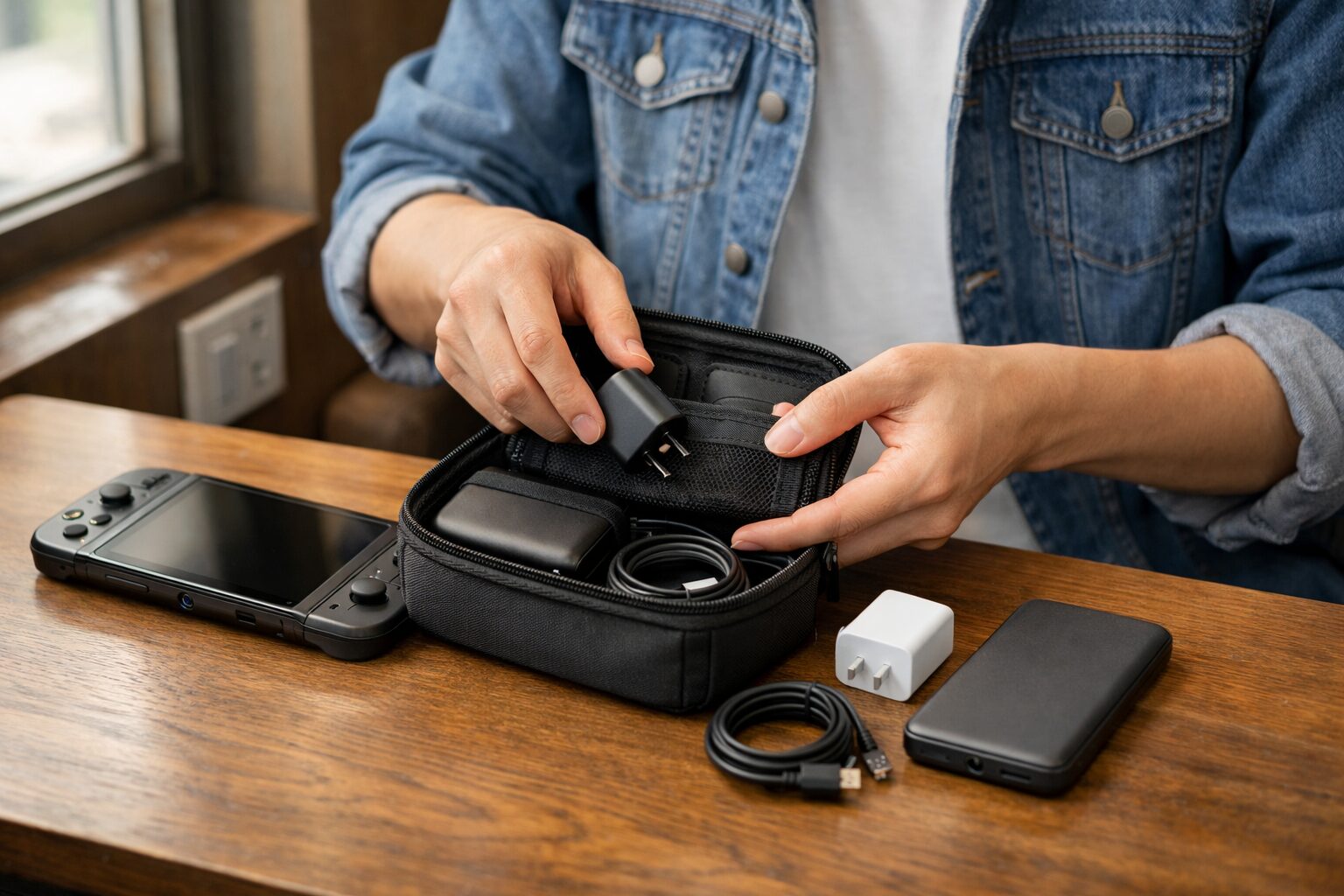 Switch2のバッテリー基本をイメージできる本体とUSB-C充電アクセサリーの俯瞰写真