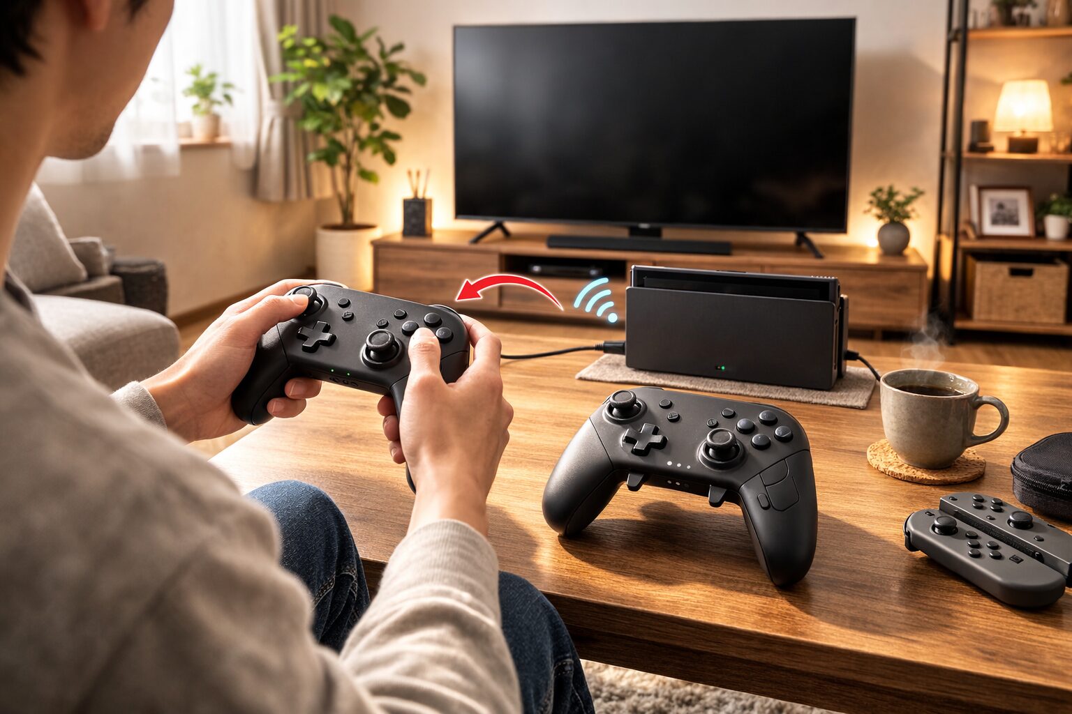 Switch2本体で旧型プロコンを無線接続して遊んでいる様子（互換性の結論イメージ）