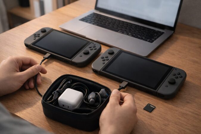 2台持ちの移行と運用をスムーズにするために、ケーブルやポーチを固定化して整理する手元写真