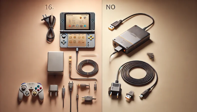 旧ゲーム機側と新ゲーム機側の電源条件を比較し、正しいACアダプター接続を確認するイメージ