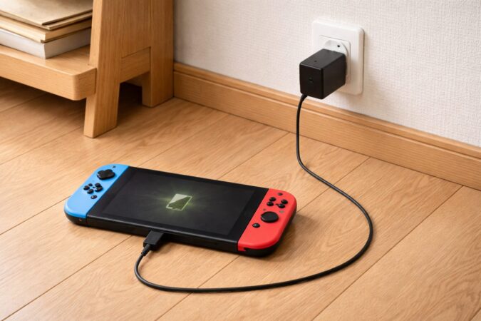 Switch風ゲーム機を壁コンセントに直接つないで安定充電している対策イメージ