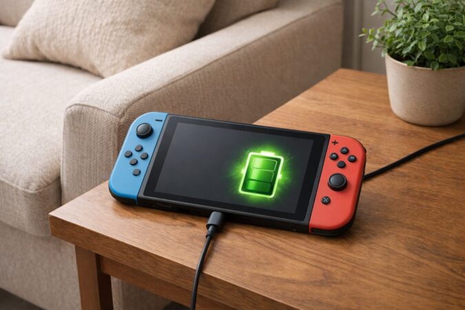 Switch風ゲーム機をスリープ状態で安定して充電している様子