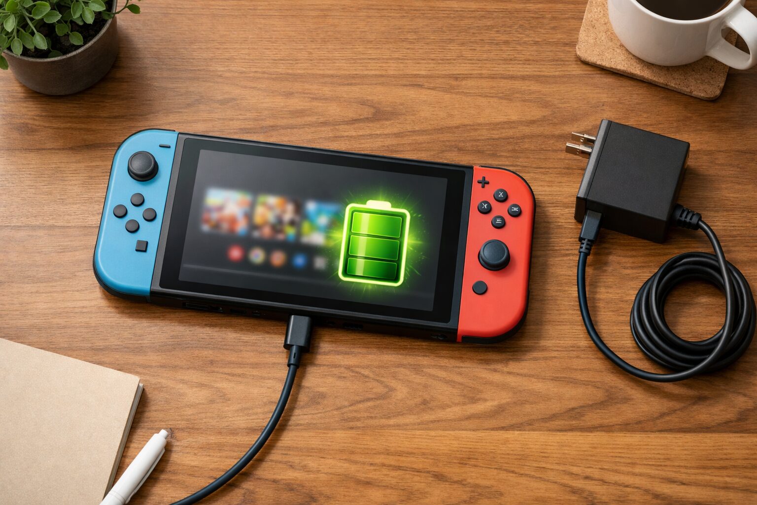 Nintendo Switch風ゲーム機をデスク上で充電している全体イメージ