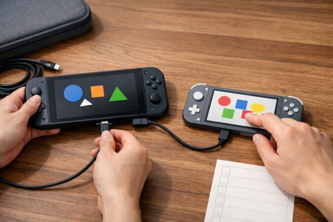 Switch LiteとSwitch 2の間でデータ移行を行う日本人の手元と2台の携帯ゲーム機