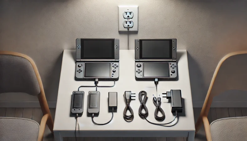 転送元の旧ゲーム機にも専用ACアダプターが必要であることを示す整理された接続イメージ