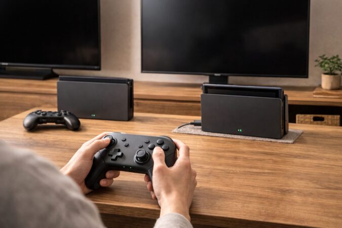 旧SwitchとSwitch2の本体を並べ、旧型プロコンがSwitch2で使える互換性を示す構図