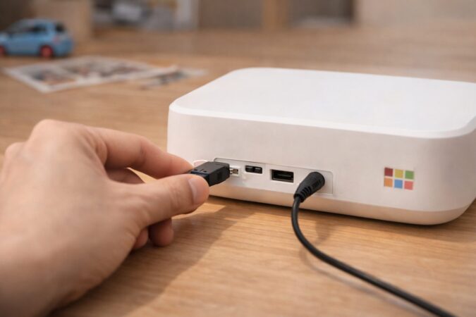 おもいでばこの背面USBポートに外付けHDDを接続するイメージ