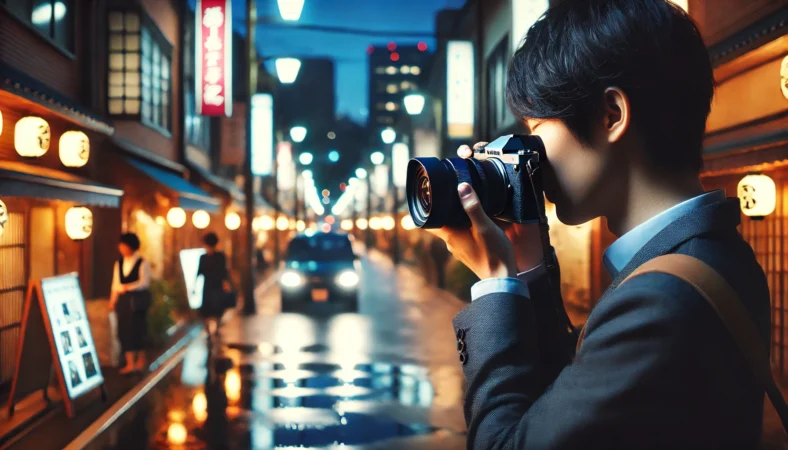 高感度性能を活かして夜景撮影をする日本人フォトグラファーのフルサイズカメライメージ