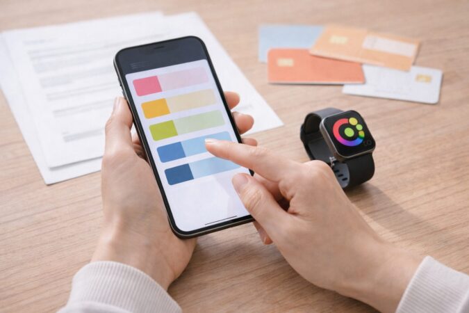 スマホの設定からスマートウォッチの通信を申し込む流れを示す手元イメージ