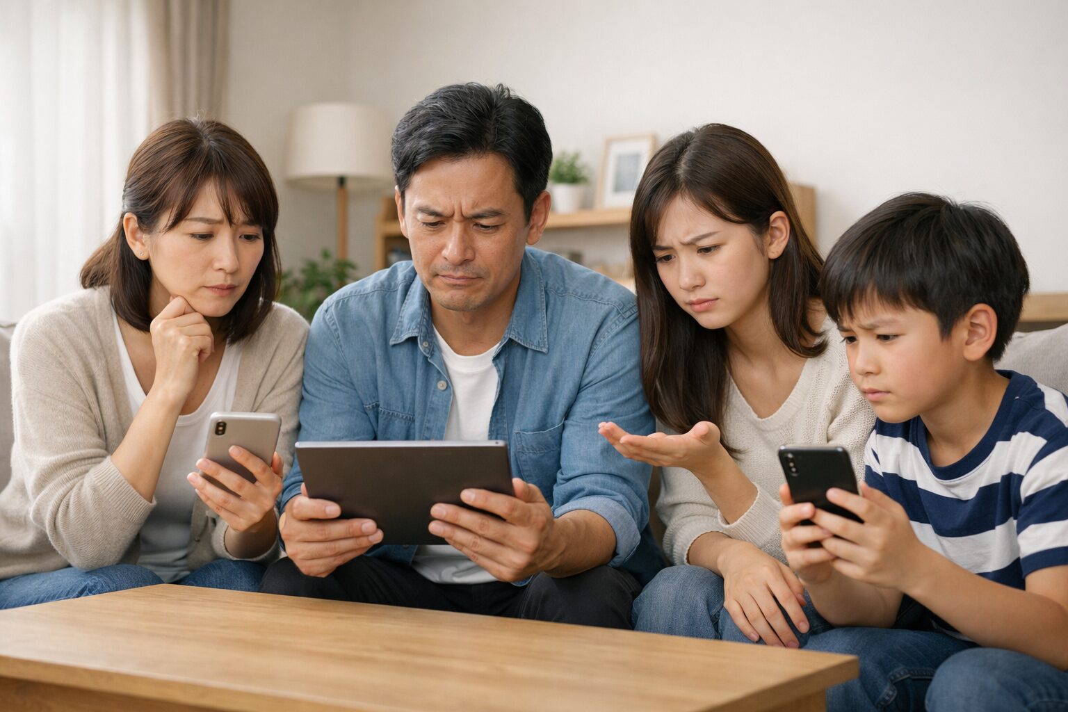 iCloudファミリー共有の不具合に悩む日本人家族のイメージ