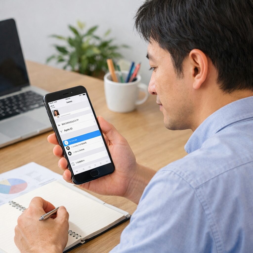 iPhoneの設定画面を確認しながら、iCloudの支払い方法の問題を安全に見直す日本人ユーザーのイメージ
