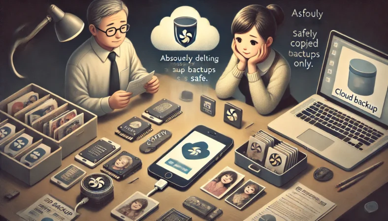 不要アプリ整理後も足りない容量を補うため、写真や動画を外部ストレージへ移す日本人ユーザーのイメージ