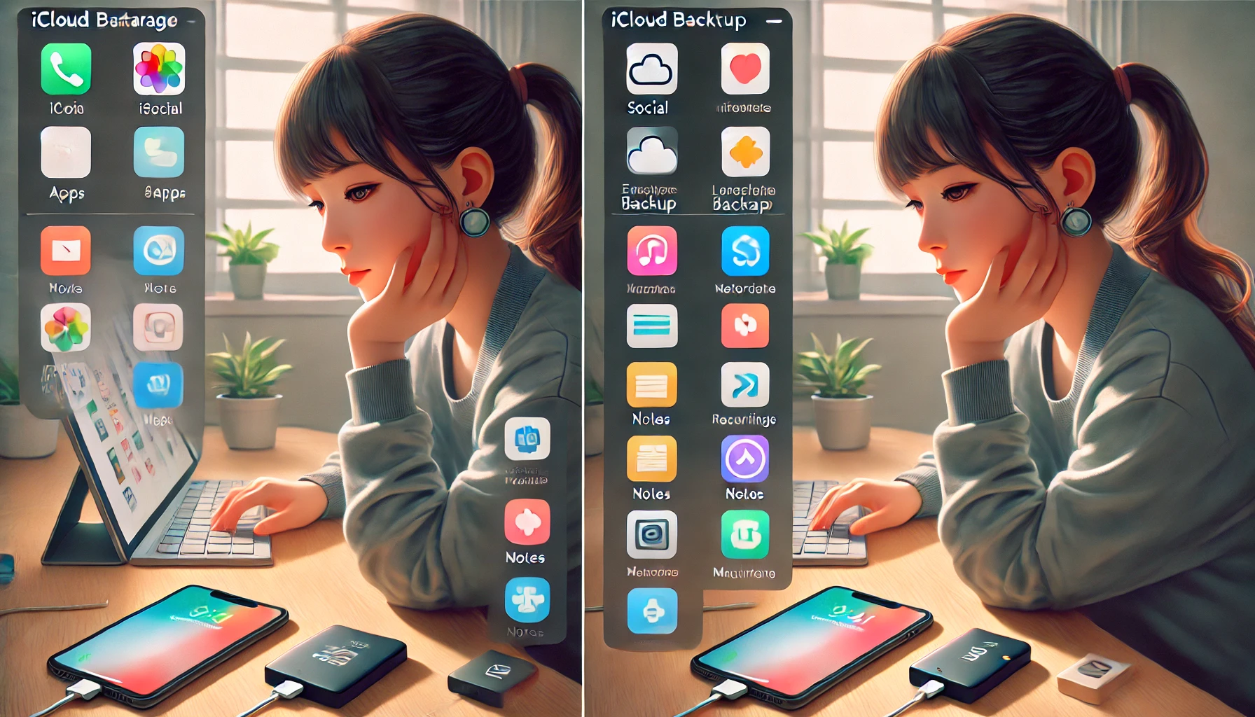 iPhoneのiCloudバックアップ容量不足に悩みながら、不要アプリの整理と保存先の見直しを考える日本人女性のイメージ