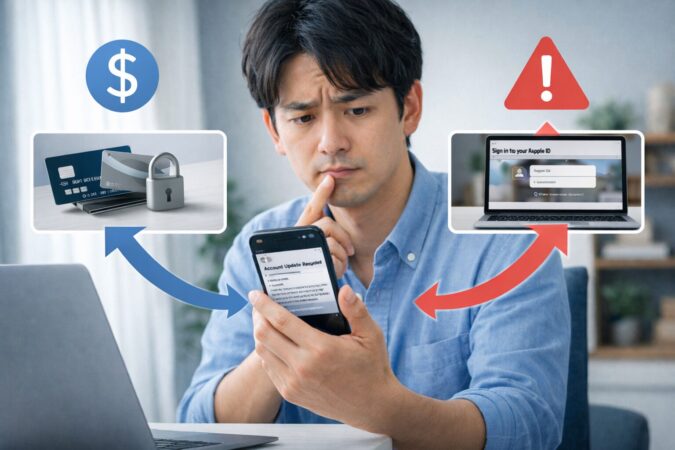 iCloud自動更新失敗のお知らせが本物か詐欺か分かれ道で示されるイメージ