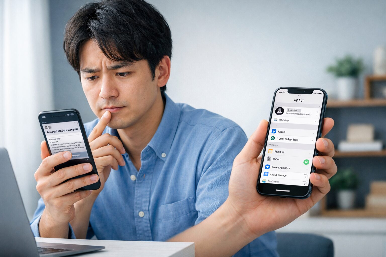 iCloud自動更新失敗メールを受け取り日本人利用者がiPhoneの正規設定画面で安全確認する様子