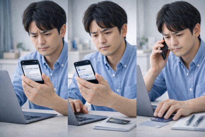 iCloud自動更新失敗メールに対して落ち着いて順番に対処するイメージ