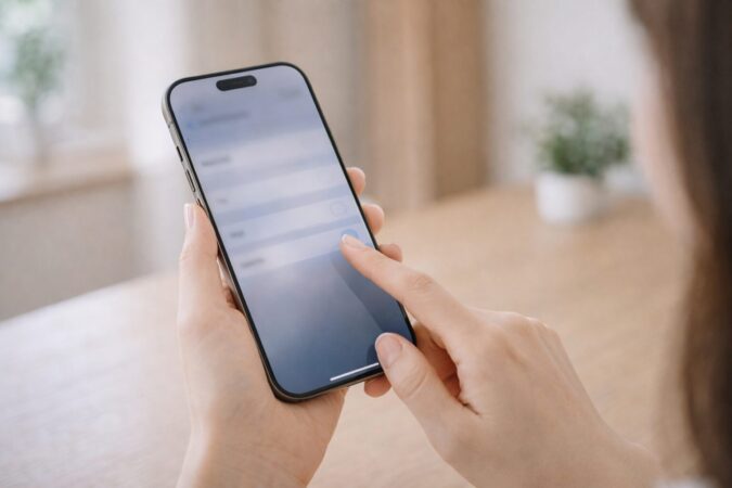 日本人女性がiPhoneで5G設定をオフ方向に切り替えて確認している手元イメージ