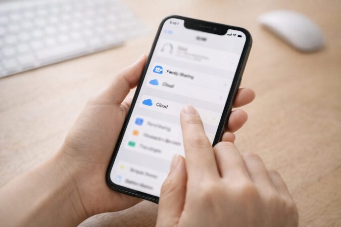 iPhoneでiCloudファミリー共有設定を確認する手元のイメージ