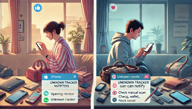 iPhoneとAndroidの両方で不明トラッカー通知を確認する日本人家族の比較イメージ