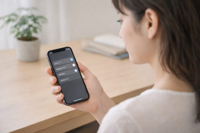 日本人女性がiPhoneで5G設定の切り替えを確認しているイメージ