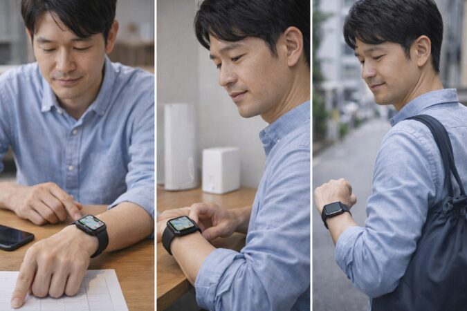 iPhone近く・Wi-Fi環境・セルラー単体の3状態で、Apple Watchの使え方が変わることを視覚化した比較イメージ