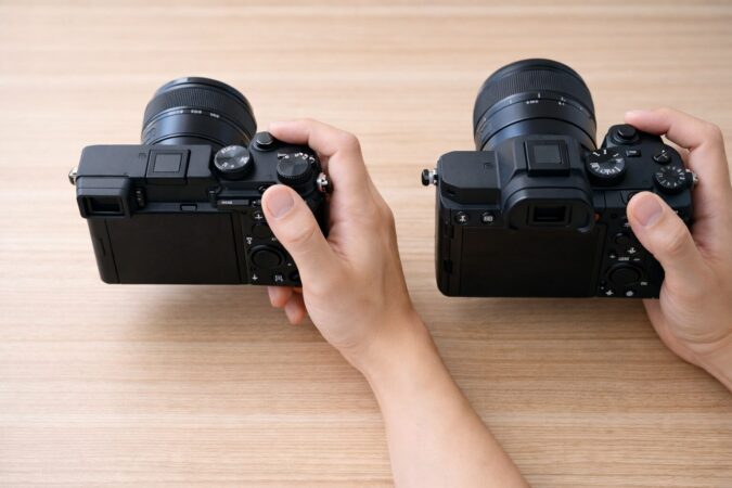コンパクト機と標準フルサイズ機の持ちやすさと操作余裕の違いを示す比較イメージ