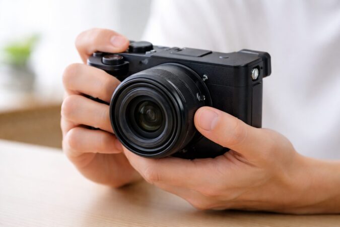 小型ミラーレスカメラの浅いグリップと持ちにくさを示す手元の比較イメージ