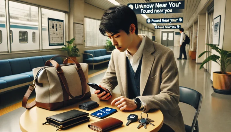 共有スペースで近くの不明トラッカー通知に気づいた日本人ユーザーの注意喚起イメージ