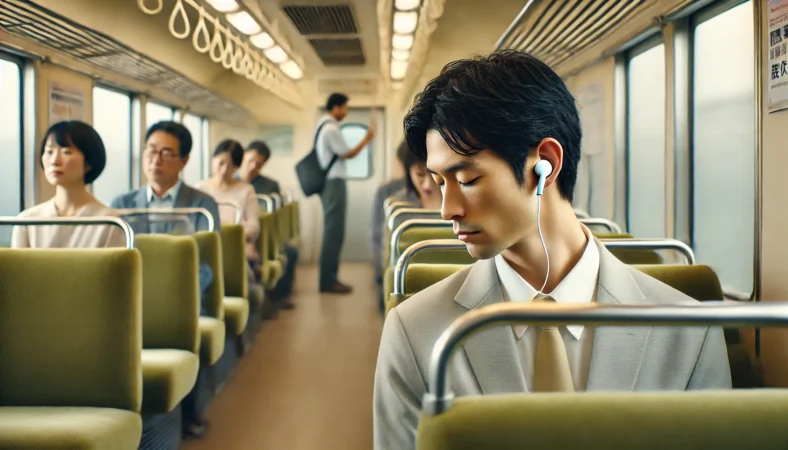 停車中の静かな電車でAirPodsの音漏れを気にする日本人男性のイメージ
