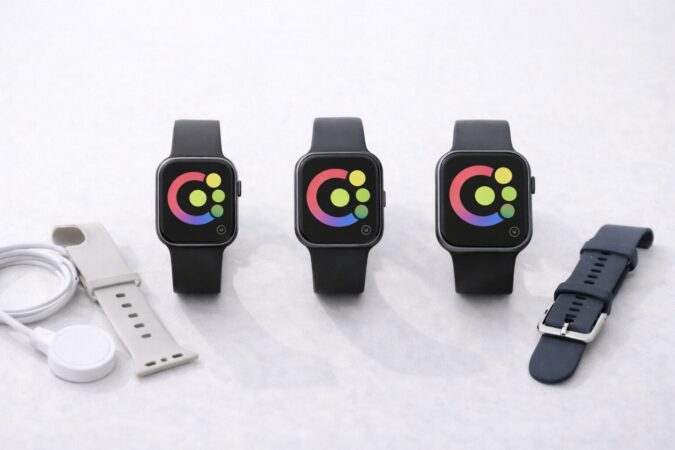 サイズや特徴が異なるスマートウォッチ候補を並べて比較検討するための俯瞰写真