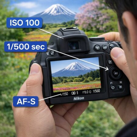 ISO感度、シャッタースピード、AF設定を調整して画質改善を目指す撮影風景のイメージ