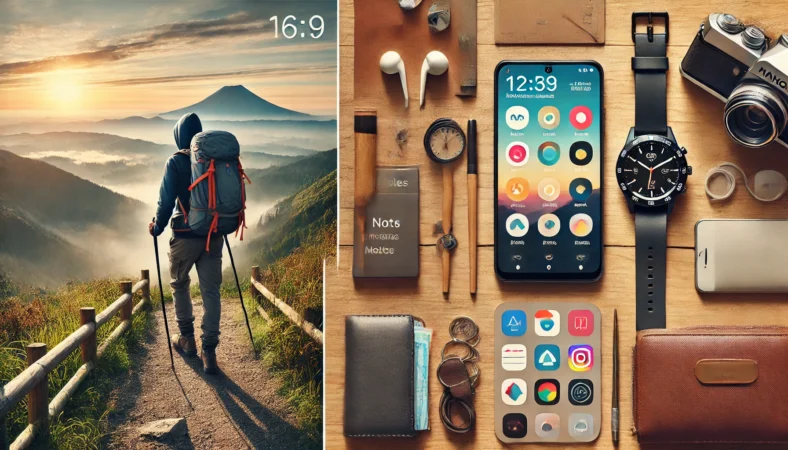 アプリ活用を連想させるスマートウォッチとスマホのフラットレイ写真