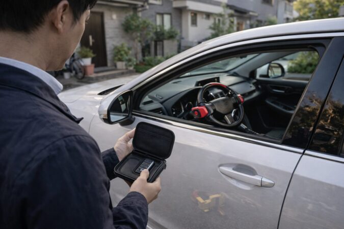 日本人オーナーがハンドルロックと電波遮断キーケースで車の盗難対策をする様子