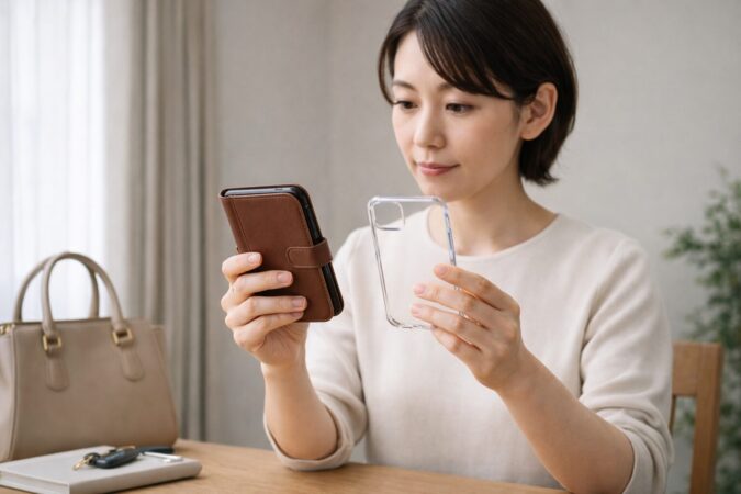 落ち着いたレザー調手帳型ケースと現代的な背面ケースを見比べる日本人女性