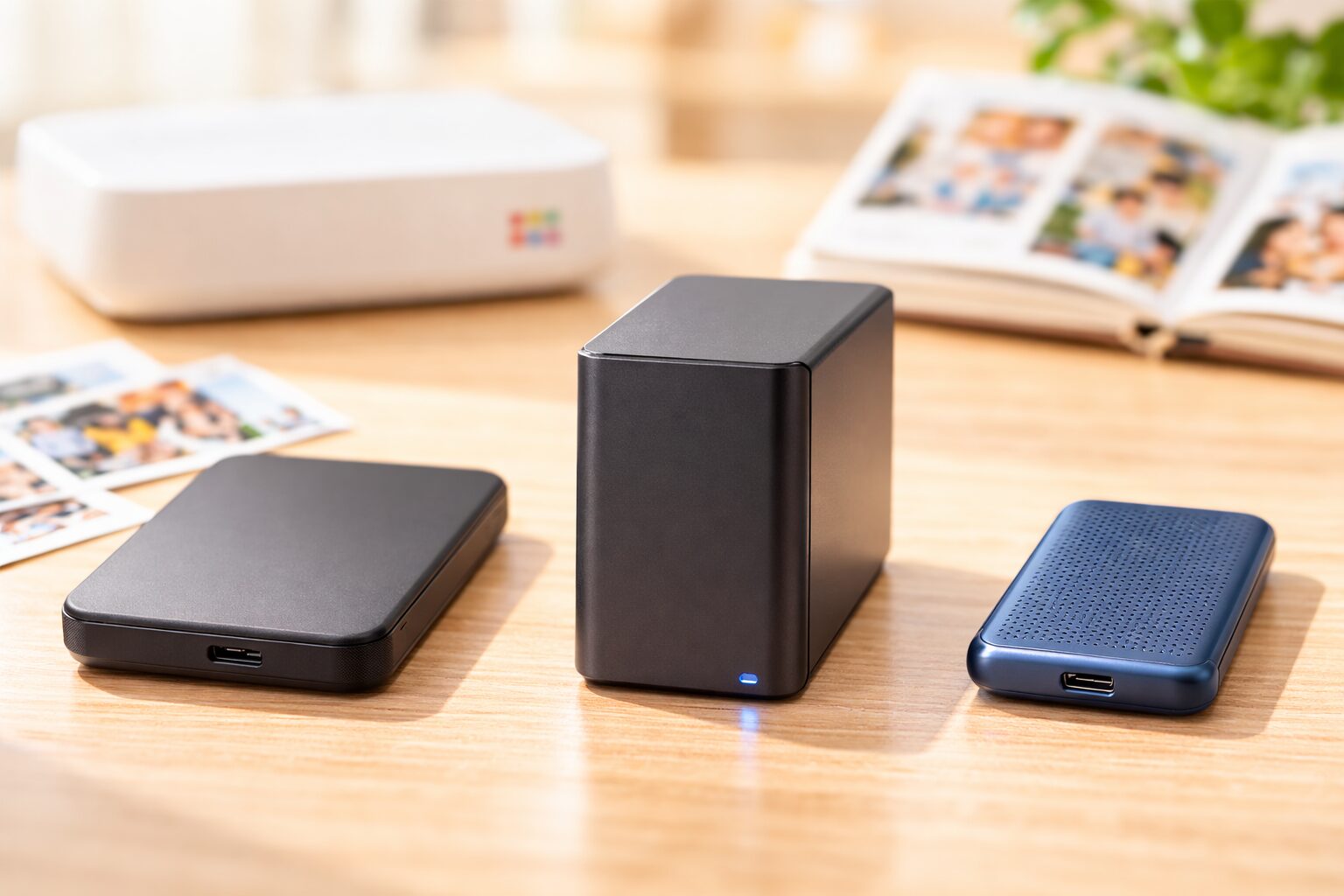 おもいでばこ向けバックアップ用の外付けHDDとSSDを3種類比較するイメージ