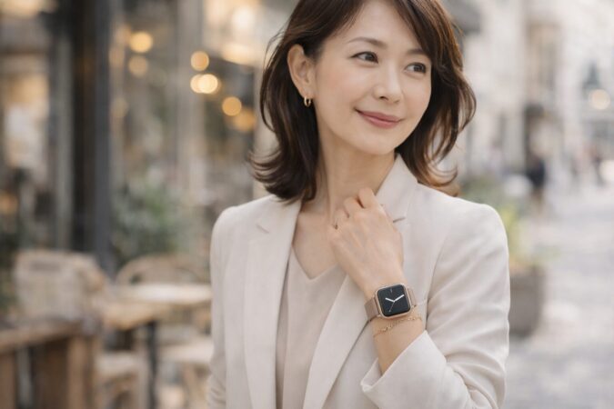 全体のスタイリングに自然に馴染むスマートウォッチの着用例