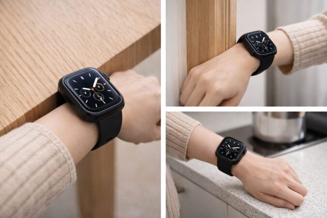 Apple Watchを日常生活の机やドア枠にぶつけやすい場面を示した判断基準イメージ