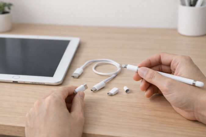 Apple Pencil第1世代が充電できない原因を切り分けているデスク上の様子
