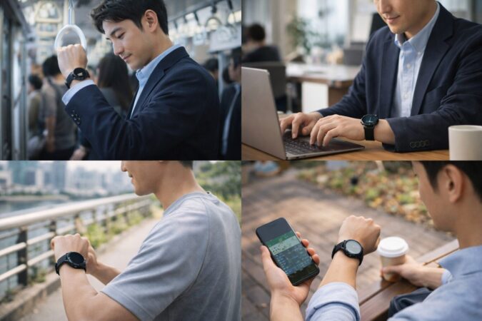 Pixel Watch3でできる通知確認や決済や健康管理を表した日常イメージ