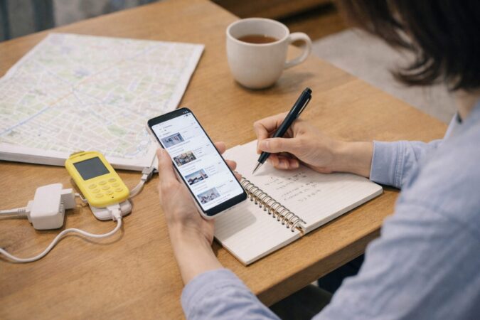 日本人の保護者が自宅でキッズケータイを買う店舗を比較する様子