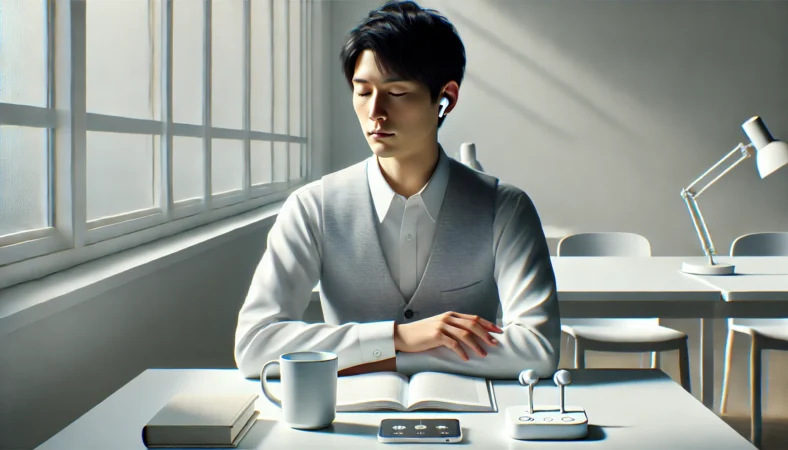 静かな場所で低めの音量でAirPodsを使う日本人ユーザーのイメージ