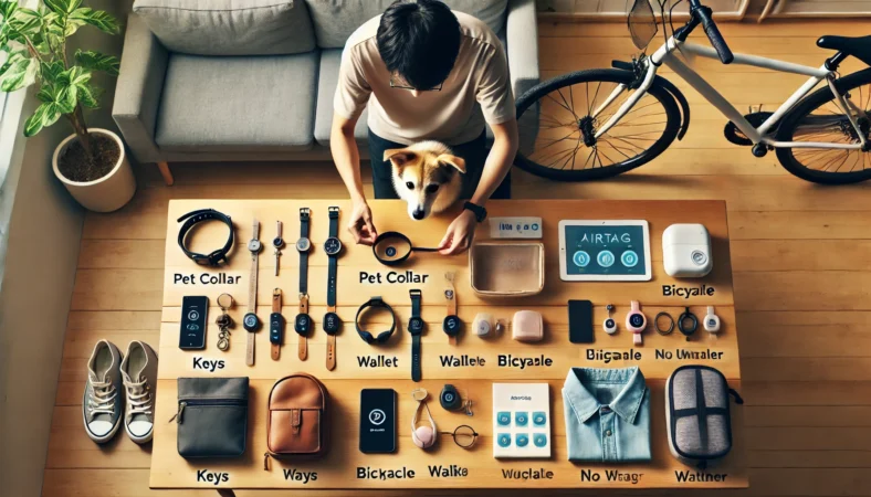 鍵や財布やバッグなどAirTagを付ける持ち物の目安を示す俯瞰イメージ