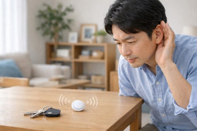 AirTagの通知音や探索音を確認する室内のイメージ