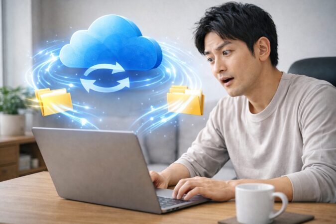 OneDriveが自動で同期を始める理由を表現した日本人ユーザーの利用イメージ