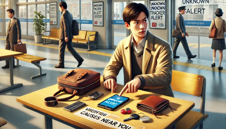 不明トラッカー通知の理由を落ち着いて確認する日本人ユーザーと持ち物チェックのイメージ