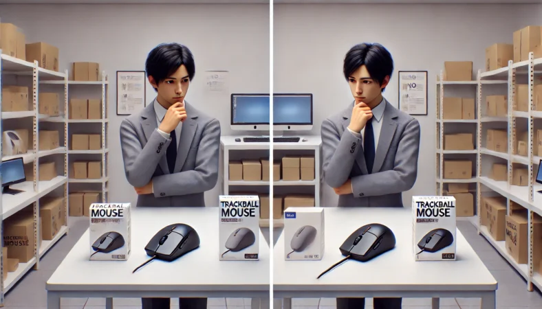 レビューを見ながらトラックボールと通常マウスを比較する日本人ユーザーの判断シーン