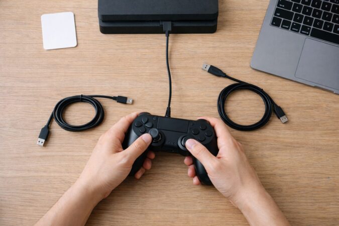 分解せずにUSBケーブルや接続環境を変えて切り分け確認しているPS4コントローラーの作業風景